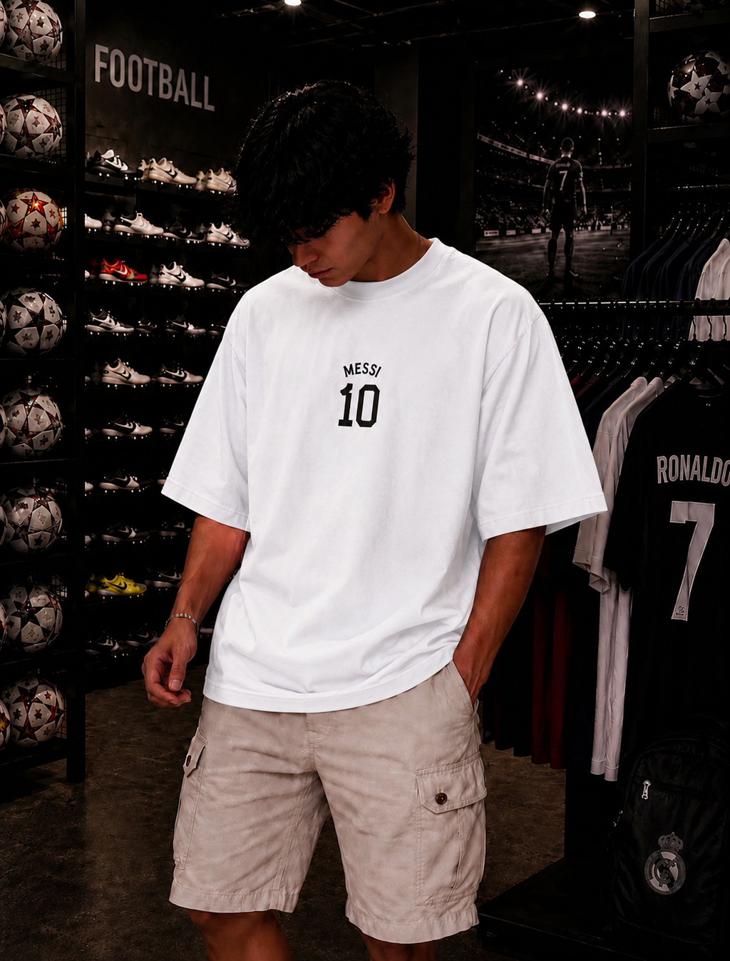 Messi Shadow White Oversized Tee – Legendary Football Edition