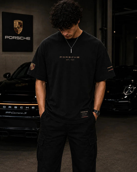Porsche Heritage Oversized Black T-Shirt | Premium Heavyweight Cotton Streetwear